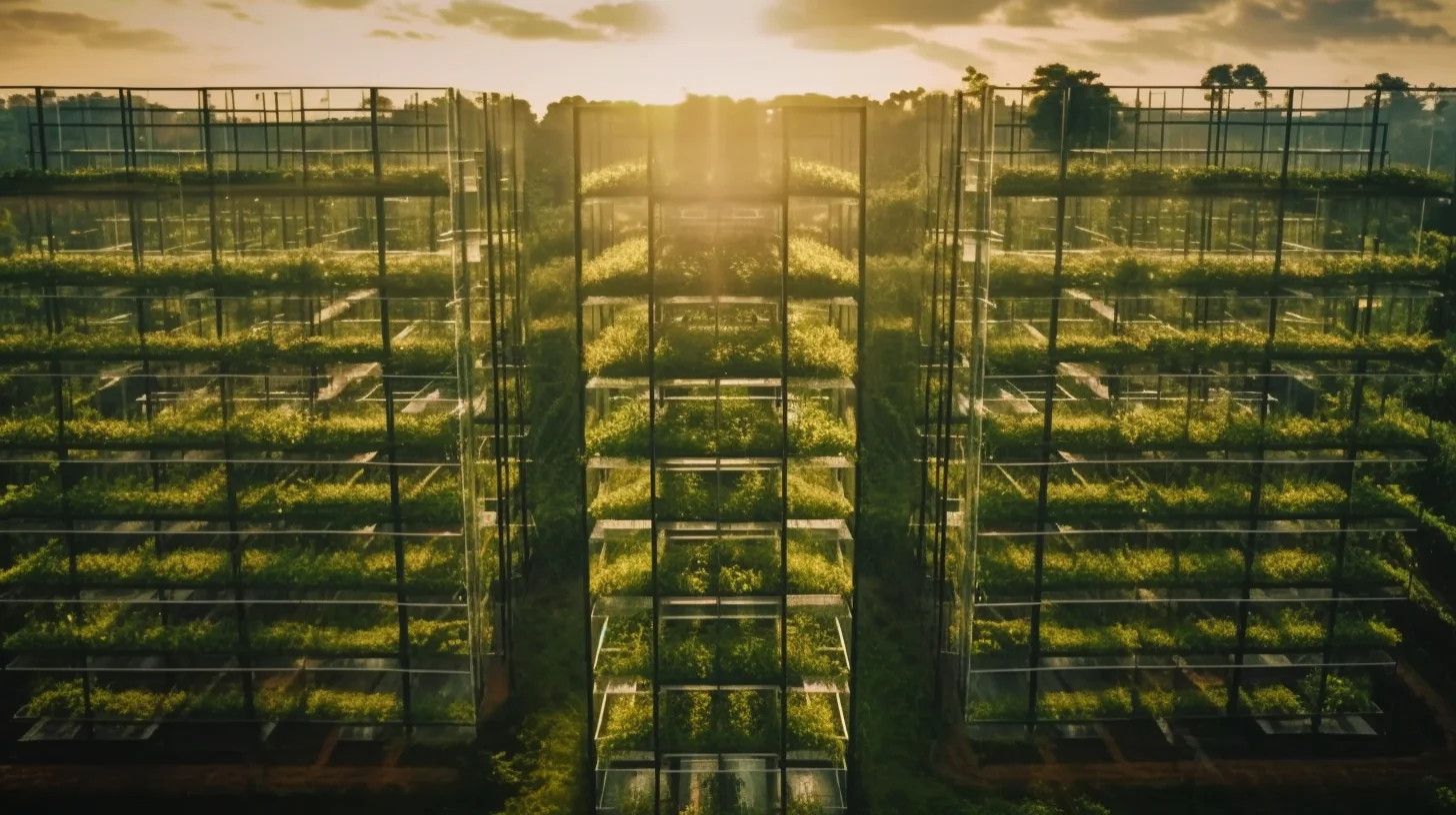 Een verticale kwekerij met rijen planten onder groeilampen