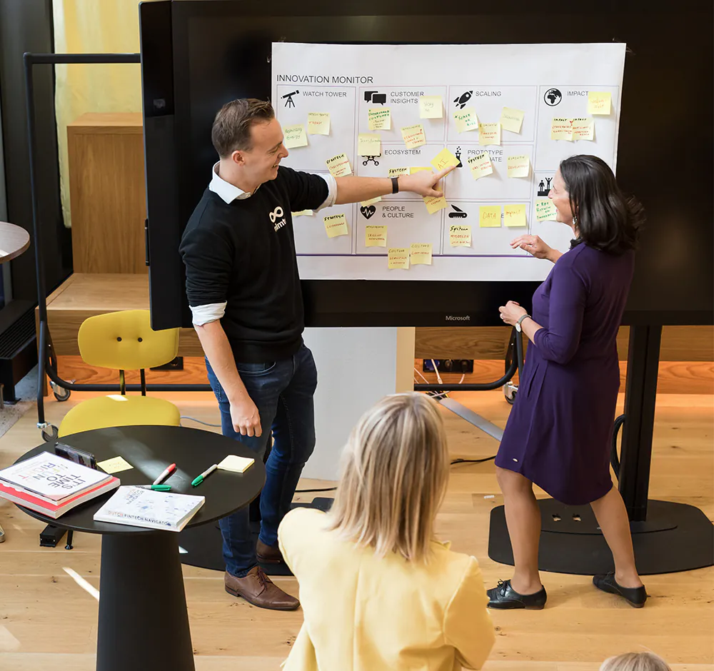 Een workshop met post-its op een groot scherm