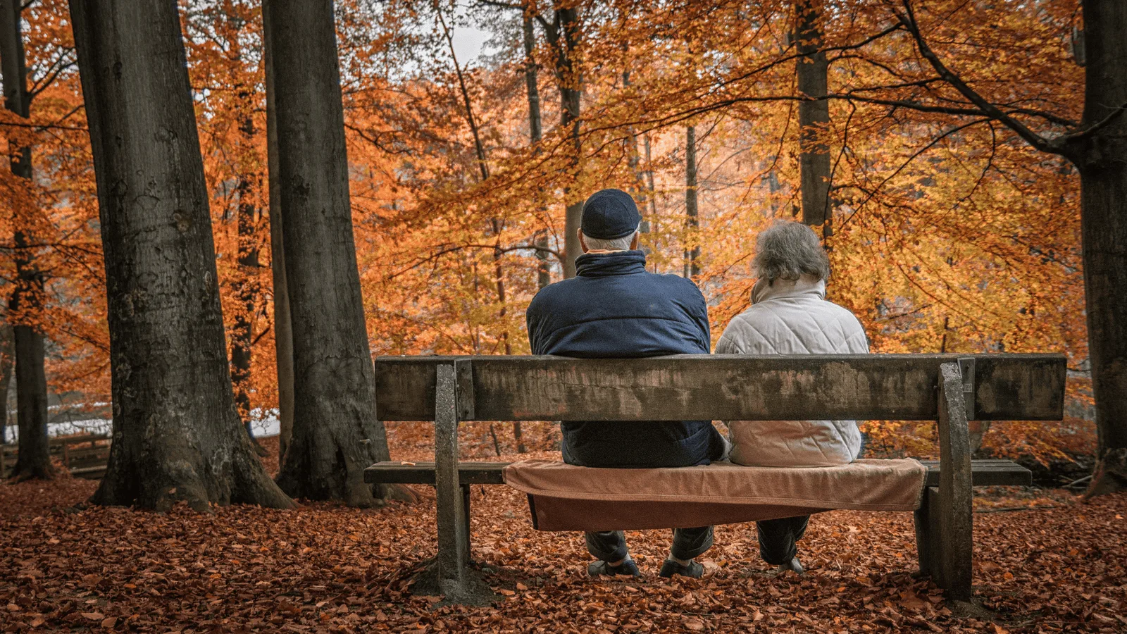 Twee mensen op een bankje in een herfstbos